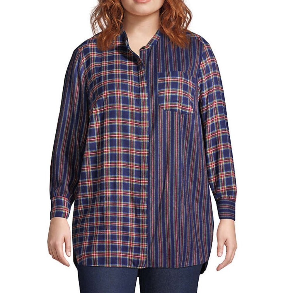 New Lands' End Flannel Mix Pattern Long‎ Sleeve Tunic Blouse Size 1X